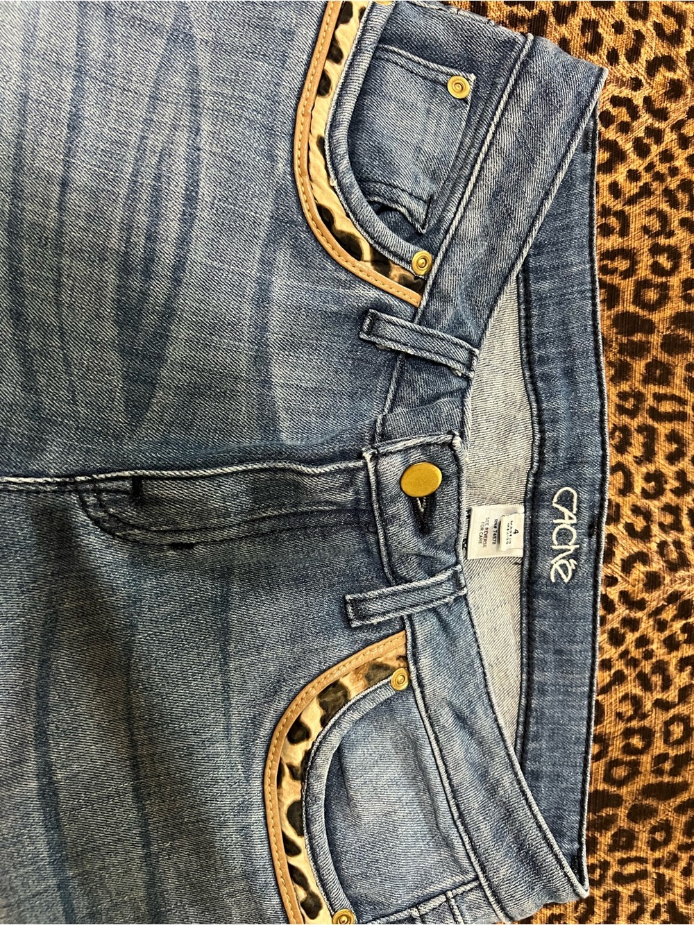 Cache Medium Blue Jeans with Leopard-Trim Pockets